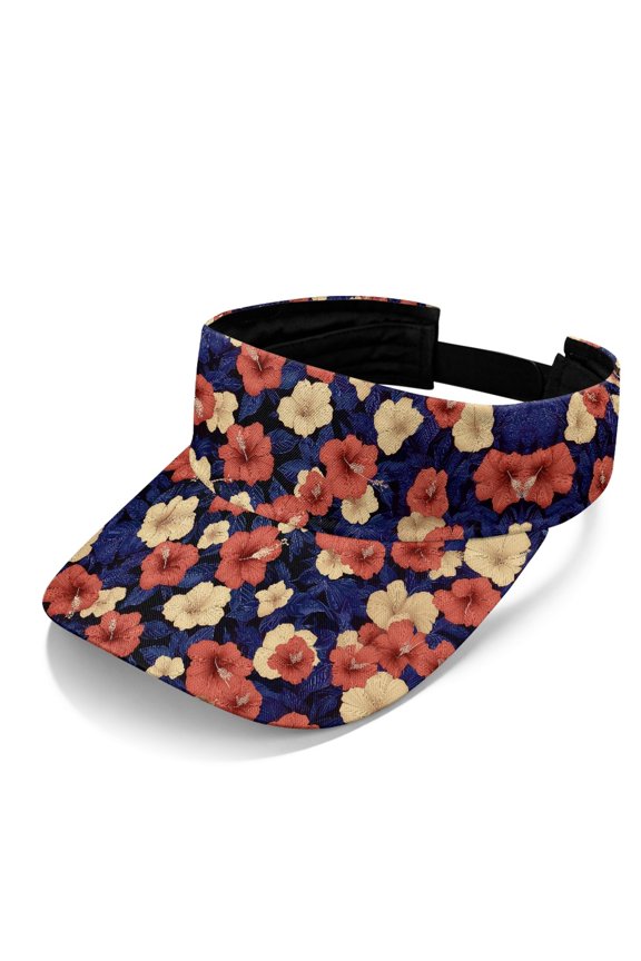Red Blooms on Navy Sun Visor, UV Protected Sun Visor Hat Polyester Fabric Adjustable Empty Top Design Sports Sun Visor Cap for Golf