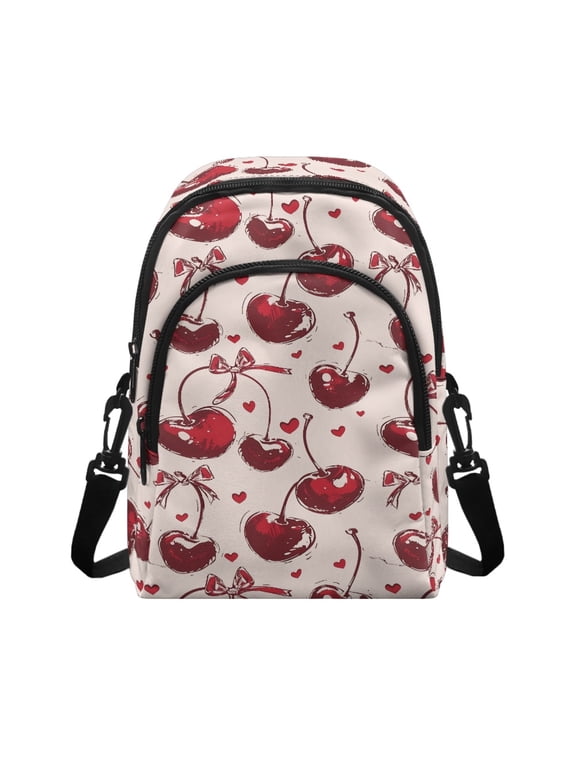 Red Cherry Hearts Print Sling Bag with Zipper Closure Adjustable Strap Small Crossbody Bag for Shopping, Polyester Phone Purse Wallet