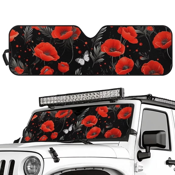 Chririnla Red Floral Windshield Sunshade, UV Protection Sun Visor for Wrangler TJ JK JL & Gladiator JT , Foldable Front Window Shade, Custom Fit Heat Shield, Interior Accessories