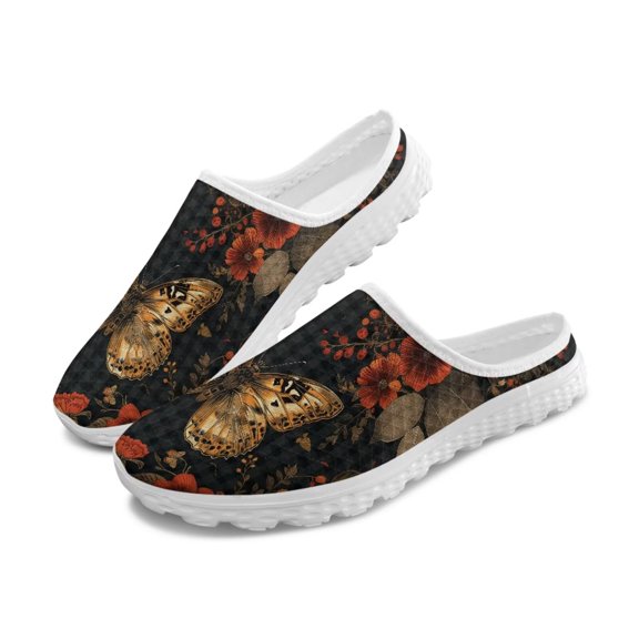 Chririnla Red Flower Butterflies Mules Shoes Slip On Women's Clogs Shoes for Farmhouse Garden Work ,Flat Width Casual Walking Shoes Butterfly Loafers With Backless