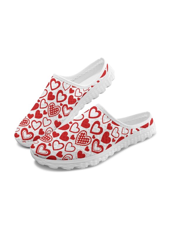 Red Hearts Mesh Slip On Clogs for Summer EVA Mesh Material Comfort Quick Dry Mesh Slip On Shoes