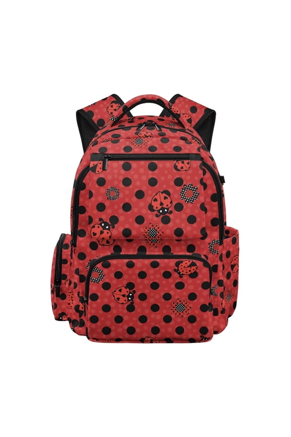 Red Ladybug Print Teen Girl Travel Bookbag 4th Grade Kids Backpacks 17 Inch Large Capacity Waterproof Primary School Bag with Front Zipper