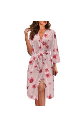 Red Rose Print Women Robes Long Nightgowns Skin Friendly Lightweight Pug Loungewear, Comfort Sleepwear with Adjustable Belt