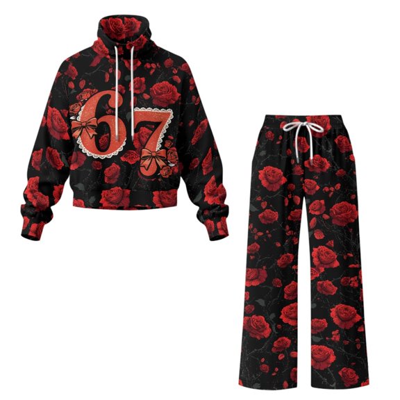 Chririnla Red Roses Black Pattern Elastic Cuff Two Piece Tracksuit, Stretch Adjustable Drawstring Spandex Blend Women's Sweat Suit for Autumn Shopping Neighborhood Walking