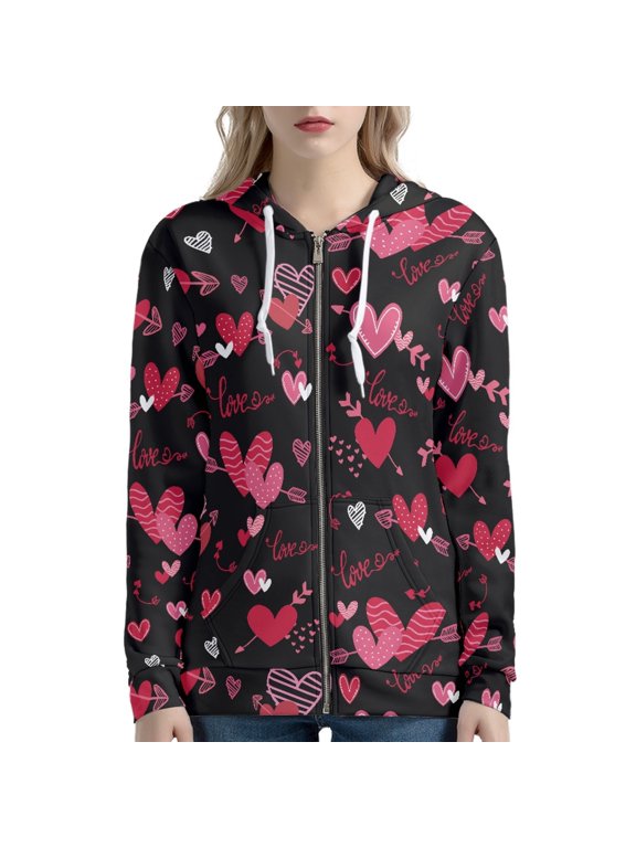 Red heart pattern design Zip Up Hoodies with Lightweight with Pocket, Polyester Spandex Blend Women Hooded Sweatshirt for Spring Fall