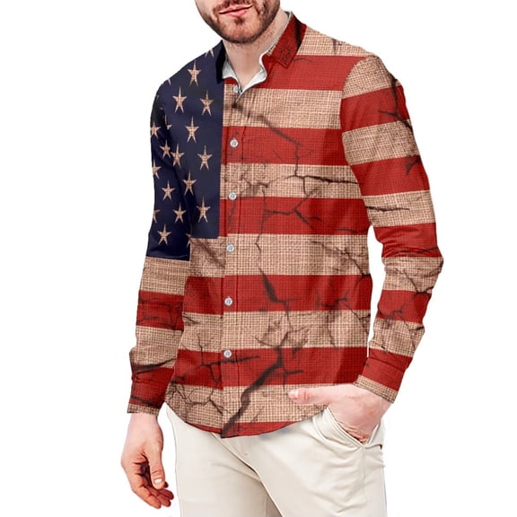 Chririnla Retro American Flag Men's Athletic Shirt Dry-Fit Shirts with Long Sleeve Button Down Formal Shirt Wrinkle-Free Wear Patriotic Wear M-3XL