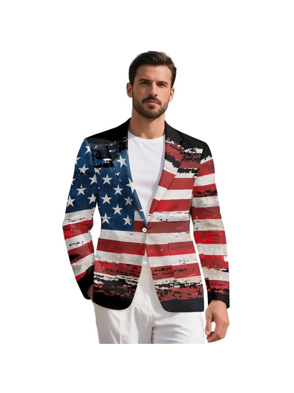 Retro American Flag Suit Jacket Blazer Patriotic Suit for Men One Button Open Front Dress Blazer Coat Independence Day Suit for Party Dinner Wedding