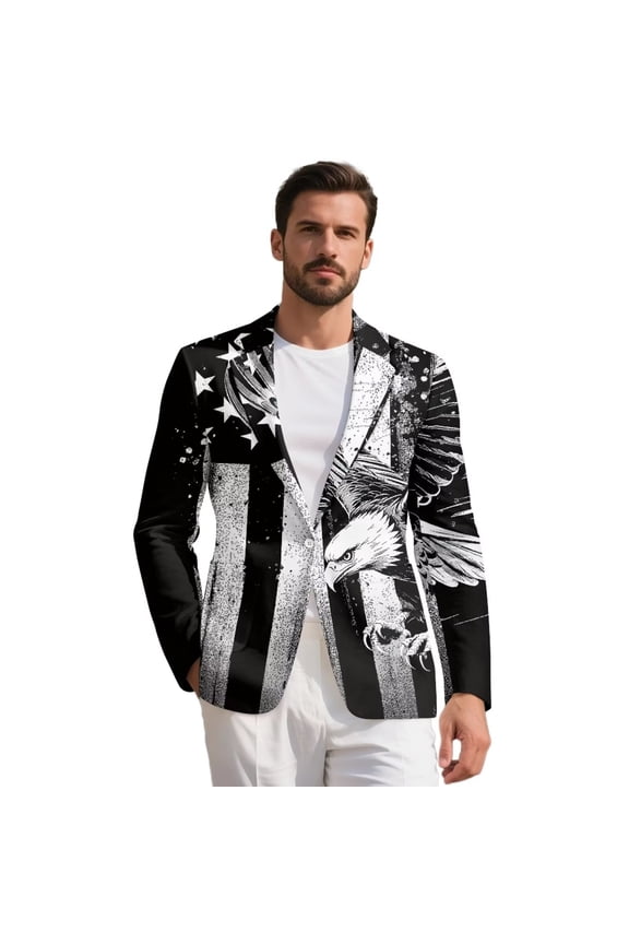 Retro Eagle American Flag Casual Blazers for Men with Pockets Lapel Open Front Jacket USA Anniversary Suit Patriotic Sport Coat