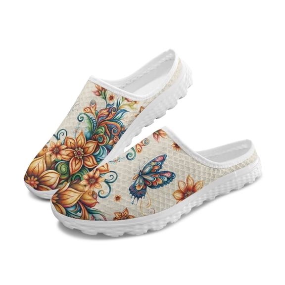 Chririnla Retro Groovy Flower Butterfly Shoes for Women Lady Dressy Mules Sneakers Open Back Walking Shoes Womens Slip On Loafers with Arch Support