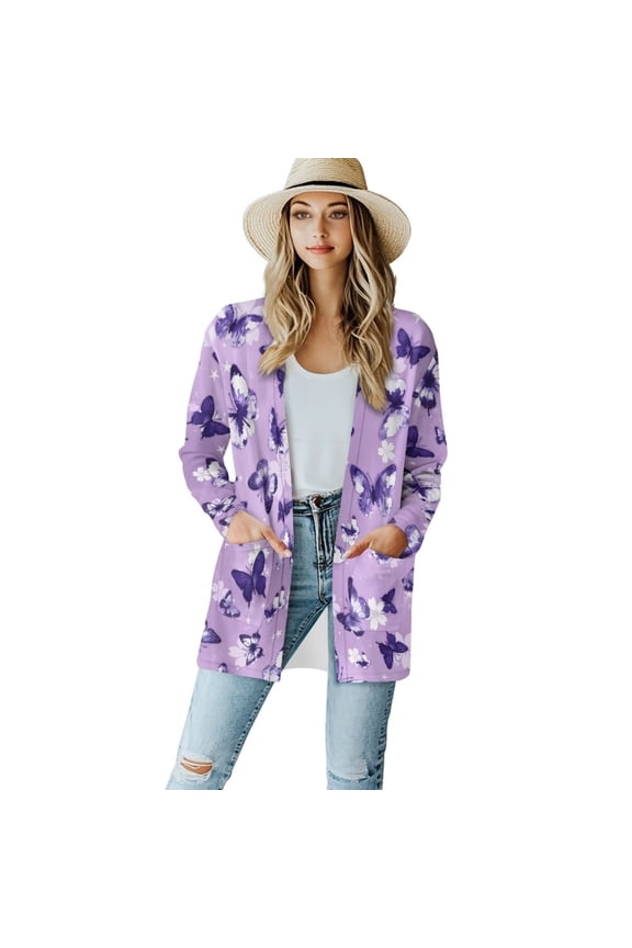 Retro Purple Butterfly Floral Cardigan Sweaters Elegant Coat with Pockets Soft Fashion Long Sleeve V-Neck Fall Cardigan Jacket Dressy Outwear for Women (Available in Plus Size)