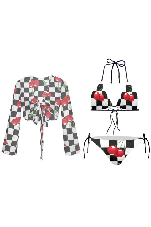 Retro Style Women's 3 Piece Bikini Sets Cherry Print Backless Swimsuit Set with Long Sleeved Coverup Tie Bathing Suits Sets for Women