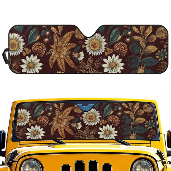Chririnla Retro Sunflower Windshield Sun Shade Compatible with Wrangler JK JKU JL JLU 16.14"x52.95" Accordion Folding Front Window Sunshade Cute Windshield Sun Protector,1pc