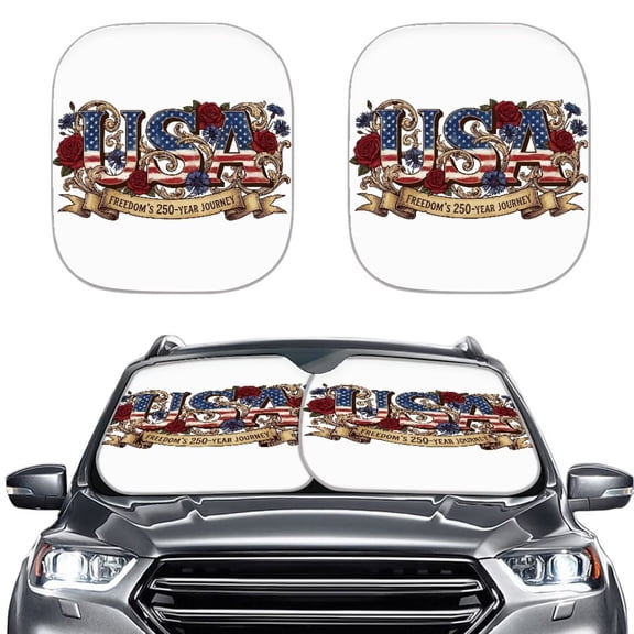 Chririnla Rose Flag Car Front Window Sunshade 2Pcs Foldable USA Anniversary Patriotic Vehicle Sun Shield UV Rays Reflector Automotive Interior Accessories Ideal for Road Parking
