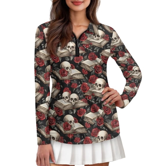 Chririnla Rose Skulls Halloween Funny Print Moisture Wicking Women's Long Sleeve Shirt Quick Dry Golf Tennis Sports Shirts Tops Slim Fit Straight Blouses for Holiday,XS
