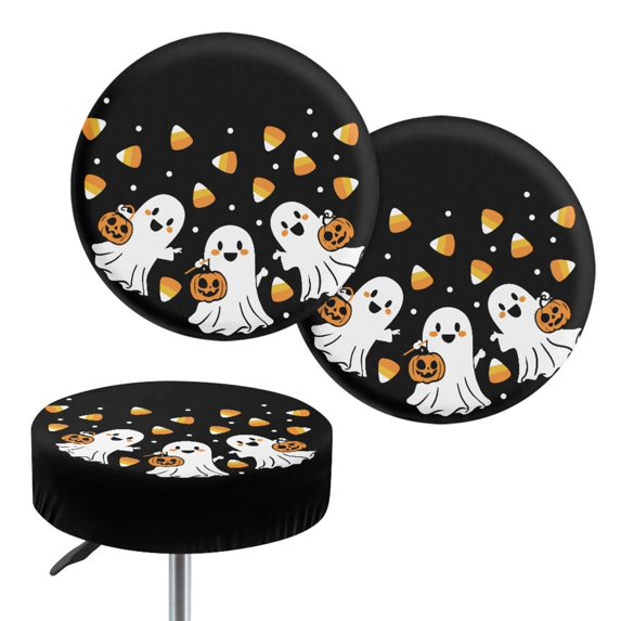 Chririnla Round Bar Stool Seat Covers with Ghost Pumpkin, 2 Pack Polyester Washable Soft Covers for Kitchen and Coffee Shop