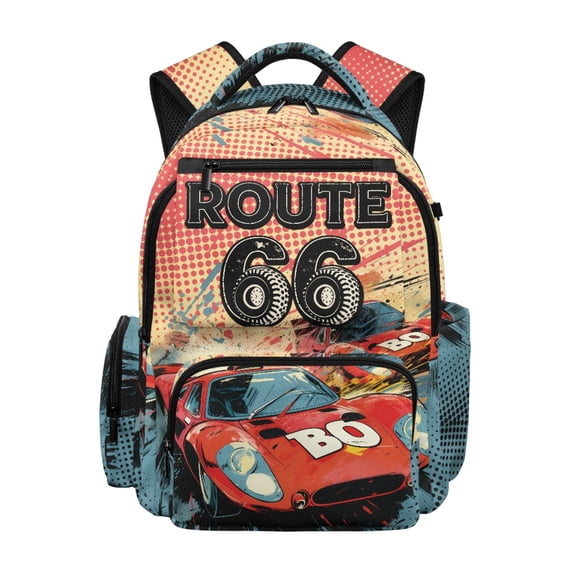 Chririnla Route 66 Race Car Print Lightweight School Backpack for Travel Preschool, Multi-Pocket Portable Polyester Travel Ruckpack