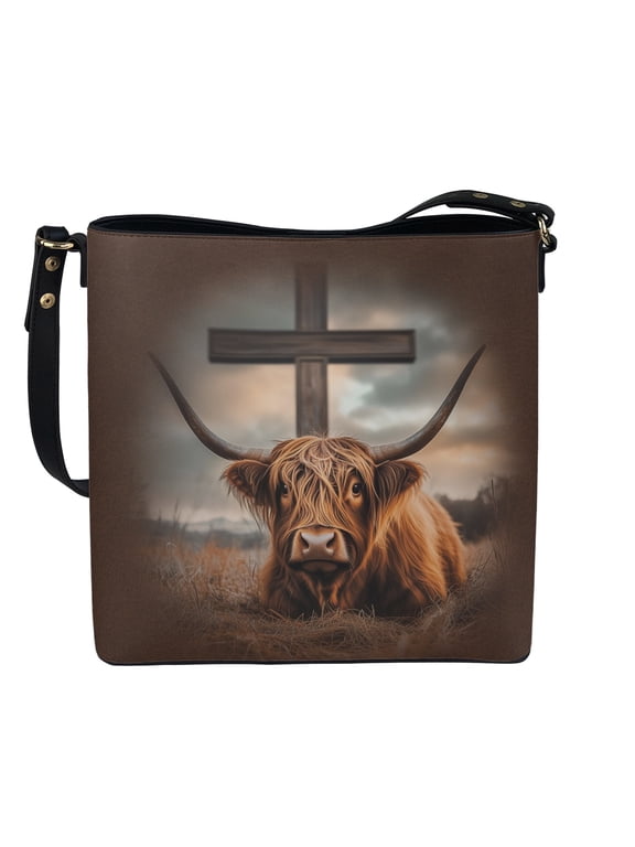 Scottish Highland Cow Wooden Cross Sling Bag, Waterproof Crossbody Bag PU Material Adjustable Strap Large Bucket Bags