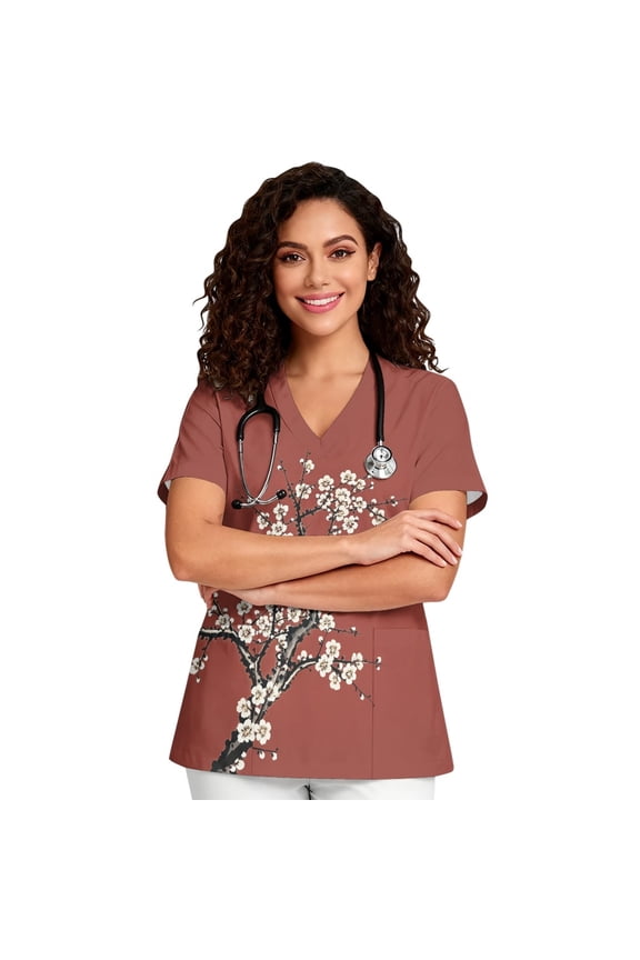 Scrubs for Women V Neck Retro Plum Blossom Printed Scrub Tops Medical Nurse Shirt Soft Casual Uniform with Pockets for Doctors Dental-S