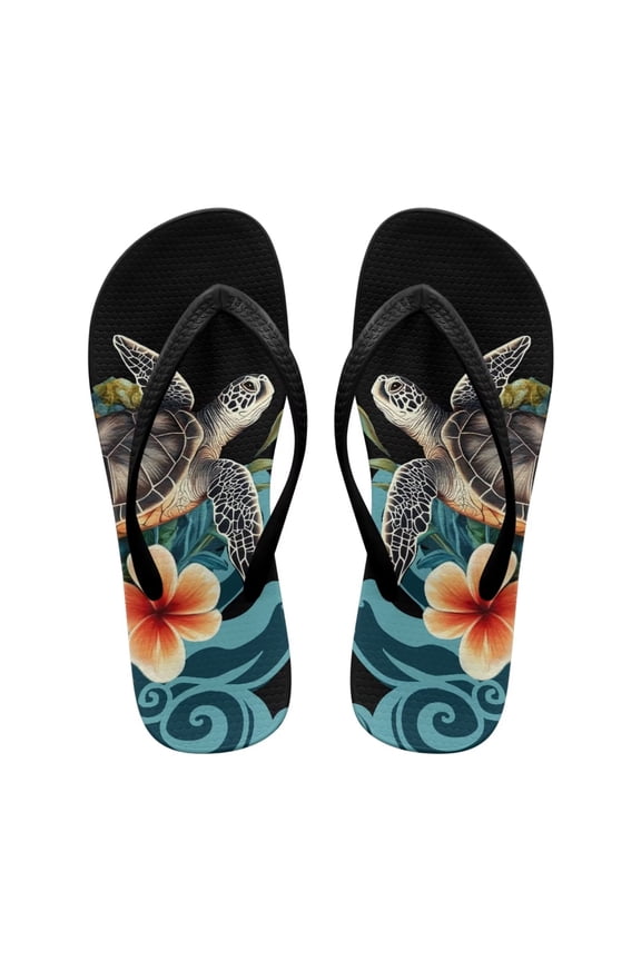 Sea Turtle Print Flip Flops for Women Non-Slip Casual Arch Support Beach Thong Sandals Floral Fashion Lightweight Soft Footbed Flats Slippers for Walking Vacation
