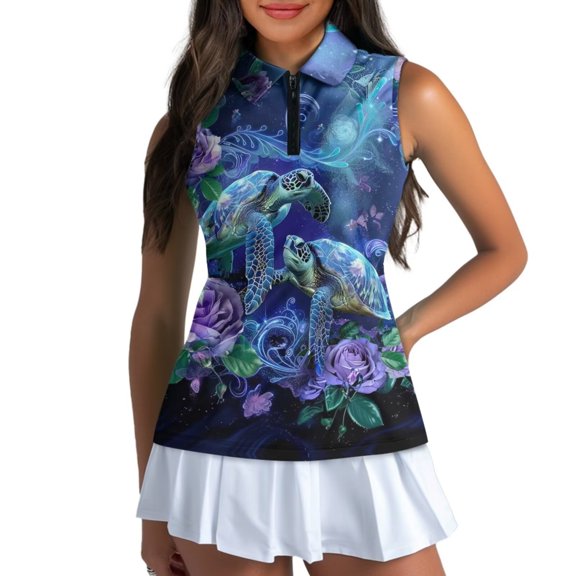 Chririnla Sea Turtle Women's Sleeveless Golf Shirts Moisture Wicking 1/4 Zip Tennis Shirt Lightweight Golf T-Shirt with Collared