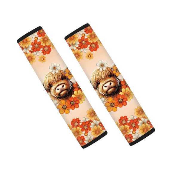 Chririnla Seat Belt Shoulder Pad Comfortable Car Seat Belt Pads Polyester Quick Install, Suitable for SUV Van, Highland Cattle Flowers