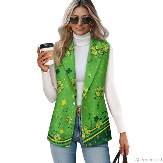 Chririnla Shamrocks and Music, Chic Button Up Waistcoat for Work Summer, Classic Wrinkle Resistant Women's Sleeveless Blazer Vest