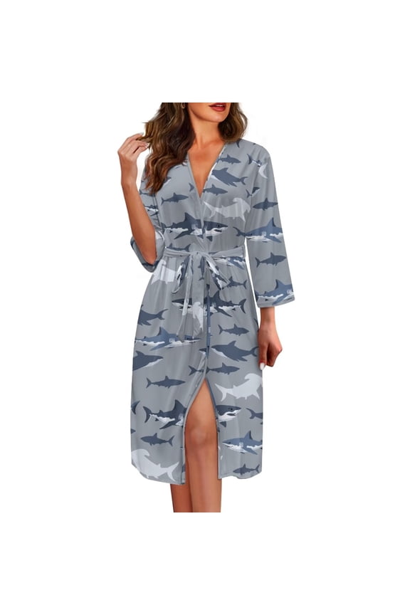Shark Pattern Bath Robes for Women Lightweight Loungewear Breathable Comfort Bathrobe V Neck Pajama Dress with Adjustable Belt