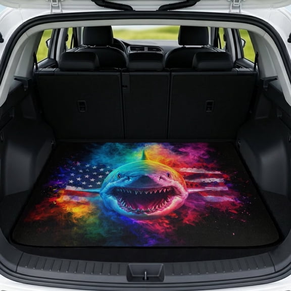 Chririnla Shark US Flag Car Trunk Mat 29" x 39",Cool Animal Trunk Protection Cargo Liner for Men Non Slip Cargo Mat Rear Trunk Liner for Families/Travel Enthusiasts