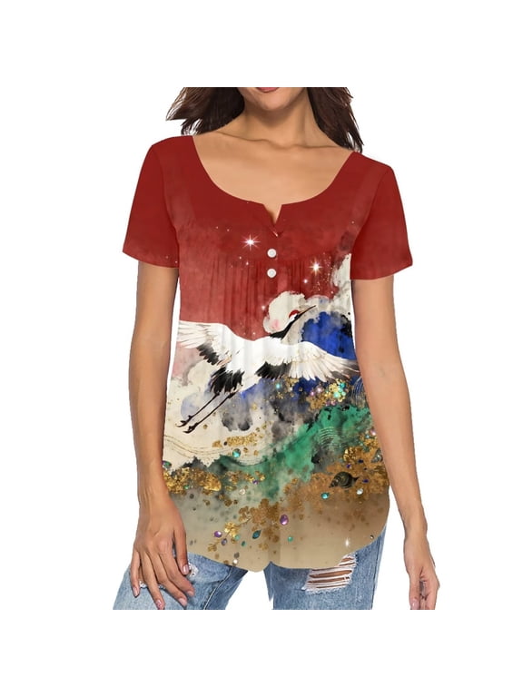 Short Sleeve T Shirt for Women Chinese Style Henley Tops Casual Tunics Tops Loose Fit V Neck Button up Asymmetric Hem Blouses, Red-crowned Crane Print