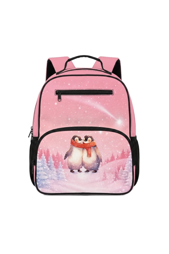 Side Mesh Pockets Preschool Backpack for Camping Outdoor, Winter Penguins Pattern Sturdy Toddler Preschool Polyester Backpack 13.5 Inch