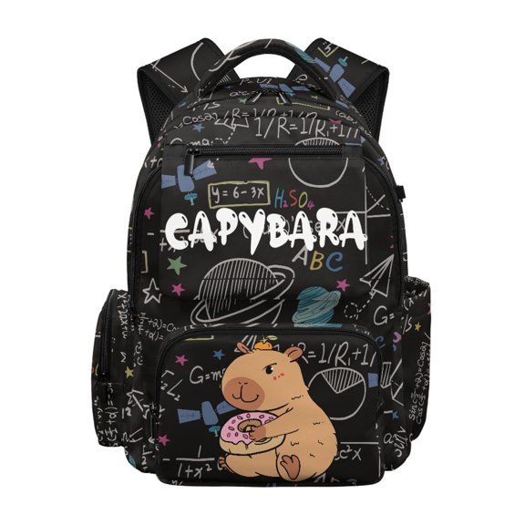 Chririnla Side Pockets School Bag for Travel Elementary, 600D Polyester Multi-Pocket Daypack, Cartoon Capybara & Macaron Pattern