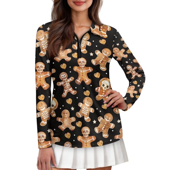 Chririnla Skeleton Gingerbread Man Womens Golf Shirts Quick Dry Moisture Wicking Golf Polo Shirts Long Sleeve for Women Halloween Tennis Tops with Pants, Skirt, Shorts, Jeans,XL