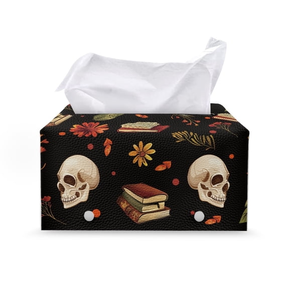 Chririnla Skull Book Floral Pattern Rectangle Tissue Box Cover, Foldable Rectangular Cuboid Tissue Box Cover Waterproof Bottom Belt Facial Tissue Holder for Car Bathroom