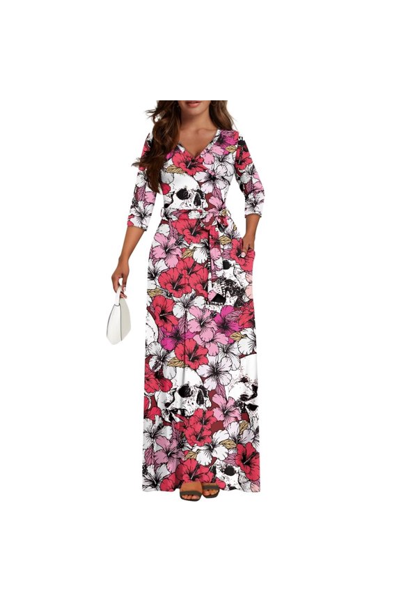 Skull Elegant Dresses for Women 2024 Three-Quarter Sleeve Deep V-Neck Casual Long Dress Hawaiian Hibiscus Waist Maxi Dresses Gothic Dress with Belt