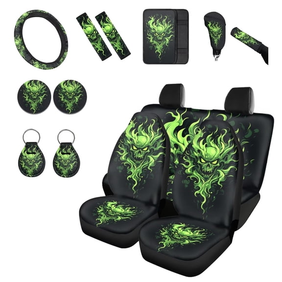 Chririnla Skull Flame Car Seat Cover Front Back Seat Protector Set of 14 Universal Vehicle Seats Covers Full Sets with Steering Wheel Cover, Handbrake Pad, Coasters, Casual Car Interior Accessories