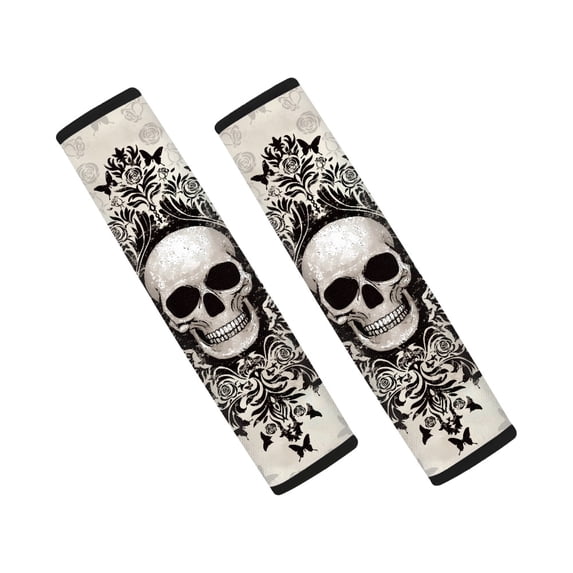 Chririnla Skull Floral Pattern Car Seat Belt Pads 2 PCS, Seat Belt Shoulder Pad Polyester Fabric Effortless Installation Easy Install for Sedan Truck SUV