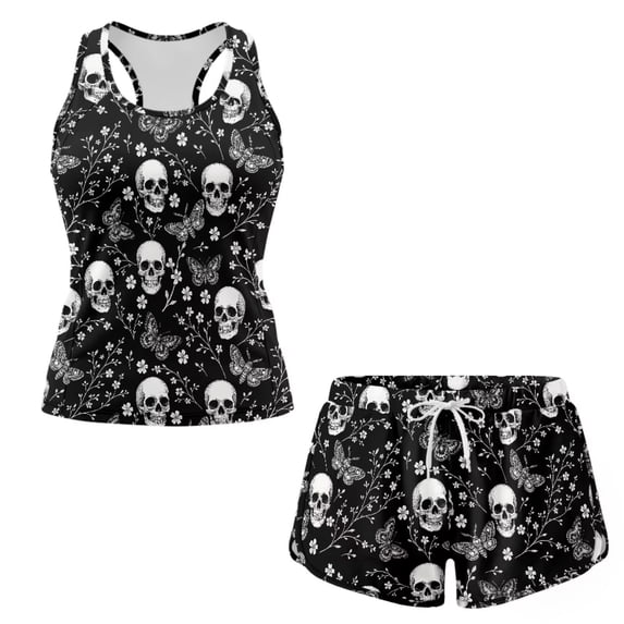 Chririnla Skull Paisley Floral Butterfly Tankini Swimsuits Tummy Control Two Piece Bathing Suit Black Women Plus Size Swimwear with Shorts Sleeveless Swim Tank Top Athletic Shorts Two Side Pockets
