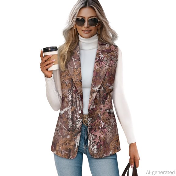 Chririnla Slim One Button Waistcoat for Work Summer, Woven Lightweight Trendy Women's Sleeveless Waistcoat, Autumn Camo Leaves Pattern