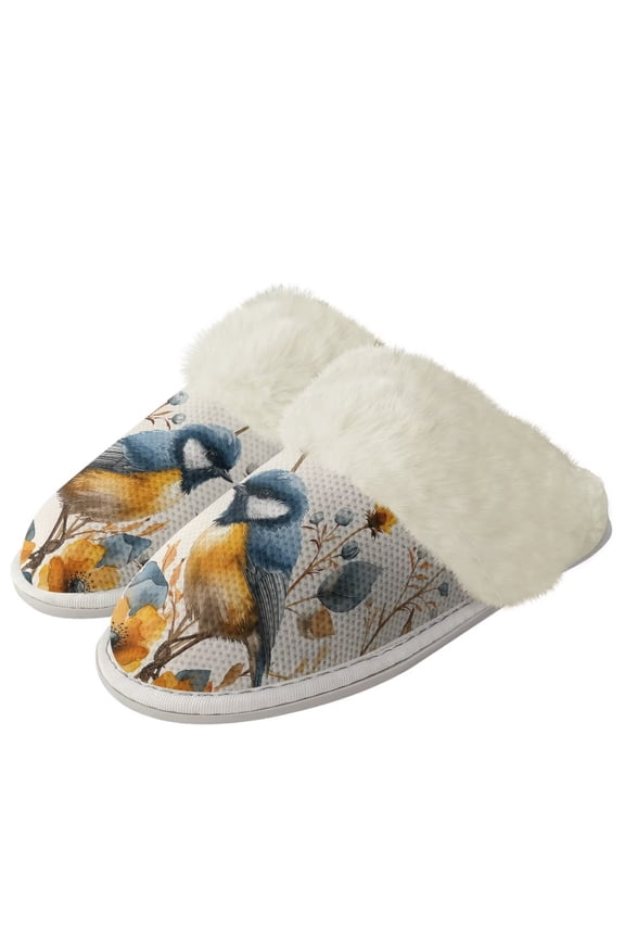 Small Bird Fuzzy Slippers Women Blue Plush Slippers with Fur Edges, Warm Closed Toe Sneaker Slippers with Anti-Skid Sole