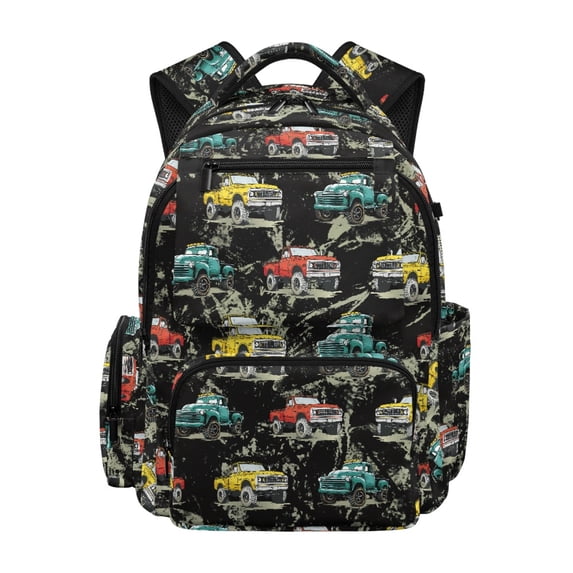 Chririnla Smooth Zippers School Backpack for Elementary School Daily Commute, 600D Polyester Pockets Book Bag, Vintage Truck Pattern