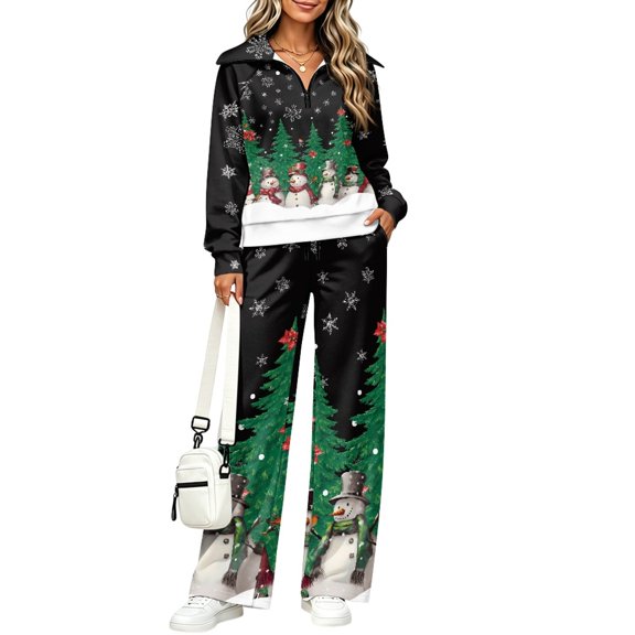 Chririnla Snowmen Tracksuits, Sweat Sets Side Pockets Lounge Set Zip Up with Pockets Athleisure Sets for Jogging Winter