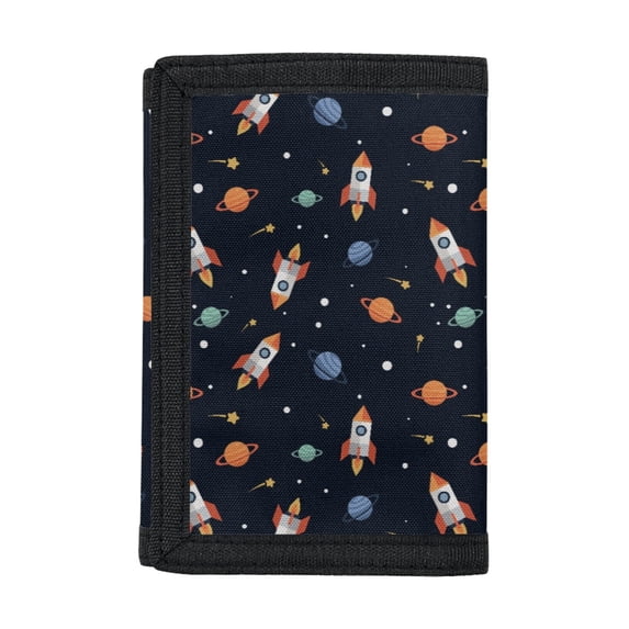Chririnla Space Rocket Planets Children's Wallet for Travel, Polyester Kids Trifold Wallet with Velcro Waterproof Money Organizer