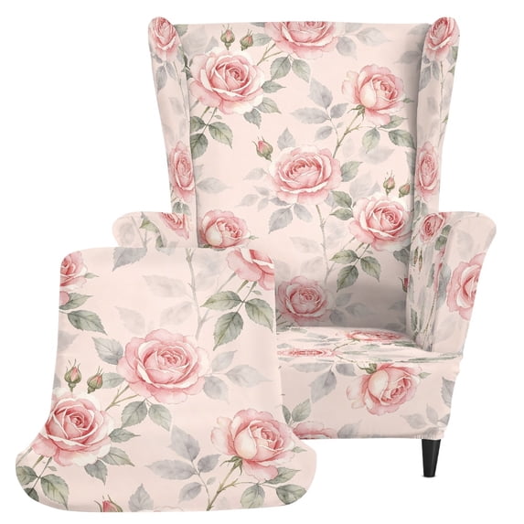 Chririnla Spandex 2 Piece Single-Seat Wingback Armchair Covers for Living Room, Washable Elasstic Bottom Wingback Chair Slipcover, Pink Rose Floral Pattern