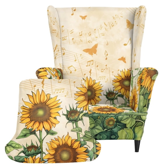 Chririnla Spandex 2 Piece Single-Seat Wingback Armchair Covers for Living Room, Washable Easy Install Wingback Chair Cover, Sunflower Notes Pattern