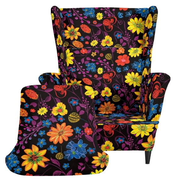 Chririnla Spandex Fabric 2 Piece Wingback Chair Slipcover for Living Room, Non-slip Elastic Bottom Armchair Cover, Floral Pattern Pattern Design