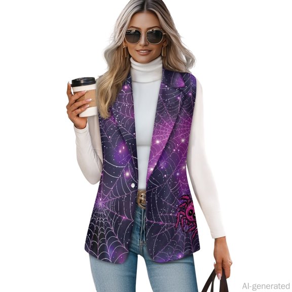 Chririnla Sparkly Spider Web Pattern, Open Front Loose Fit Sleeveless Business Vest Lightweight Women's Sleeveless Waistcoat Vest for Work Summer 2026