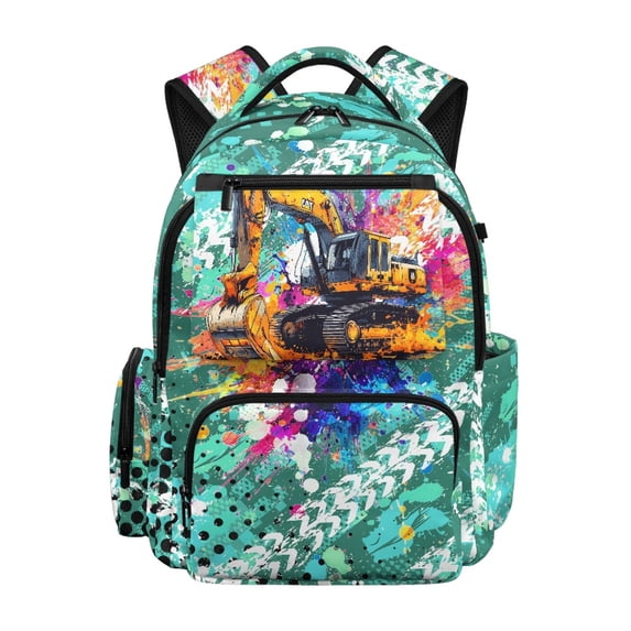 Chririnla Splatter Excavator Print Multi-Pocket School Bookbag with Padded Lightweight School Backpack, Durable 17 Inch Kids Backpack for Back to School Daily Commute