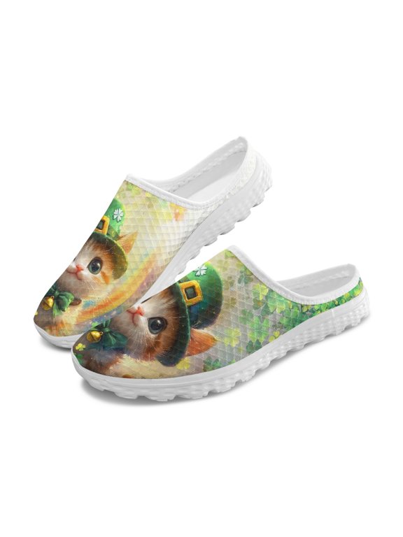 St. Patrick's Day Cat Mesh Slip On Clogs - Breathable Lightweight Unisex Summer Casual Walking Shoes