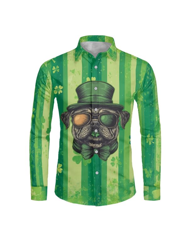 St Patrick's Day Mens T-shirt Pug Stripe Graphic Athletic Shirt Cute Dog Pattern Wears Muscle Fit Shirts with Long Sleeve Wrinkle-Free Wear for Men M-3XL