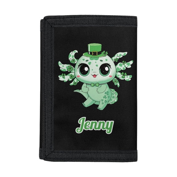 Chririnla St Patrick's Trifold Card Wallet Featuring Clover Axolotl, Polyester Lightweight Wallet for Little Boys School and Outdoor Activities